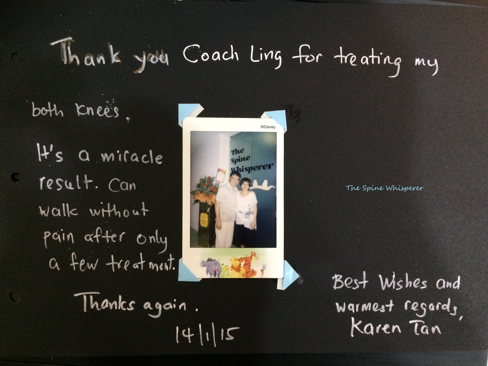 Thank you Coach Ling for treating my both knees. It's a miracle result. Can walk without pain after only a few treatments. Thanks again. Best wishes and warmest regards.